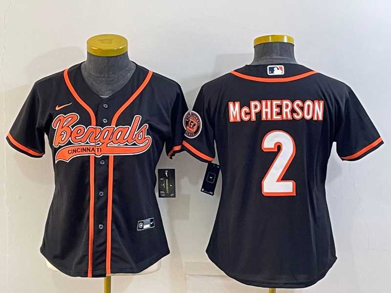 Womens Cincinnati Bengals #2 Evan McPherson Black With Patch Cool Base Stitched Baseball Jersey->women nfl jersey->Women Jersey
